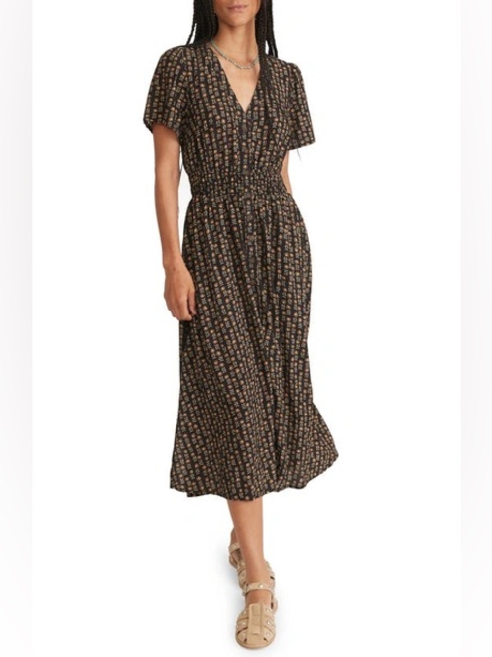 Marine Layer Annika Floral Smocked Waist Midi Dress Black Brown Button Up S NEW - Picture 2 of 9